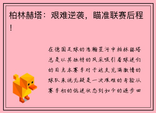 柏林赫塔：艰难逆袭，瞄准联赛后程！